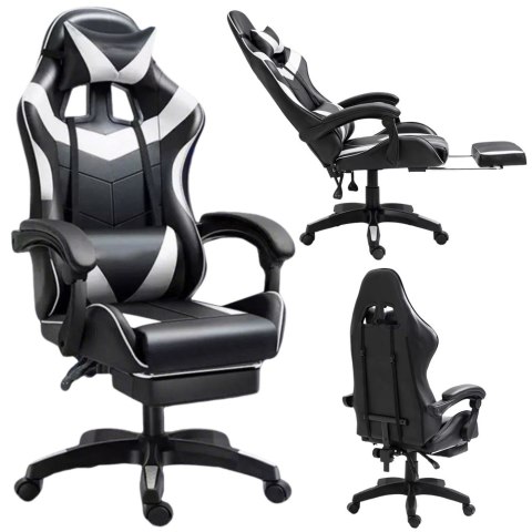 Fotel Gamingowy LEAN Obrotowy Biurowy Z Podnóżkiem Poduszki Czarno-Biały