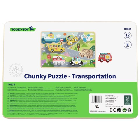 TOOKY TOY Drewniane Puzzle Montessori Pojazdy Samochody Samolot Statek Miasto Dopasuj Kształty