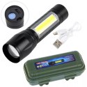 Latarka akumulatorowa USB, 3 tryby, mocna XPE+COB