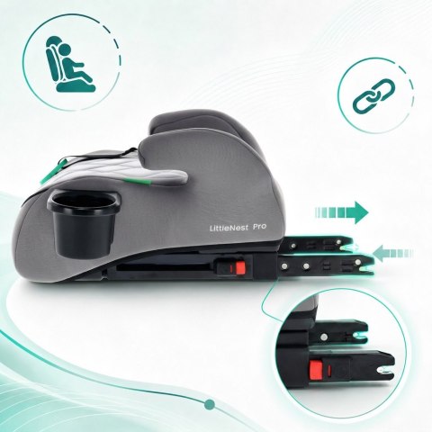 Fotelik podstawka booster siedzisko samochodowe SUNBABY - ISOFIX LittleNestPro 125-150 cm z uchwytem na kubek - szary