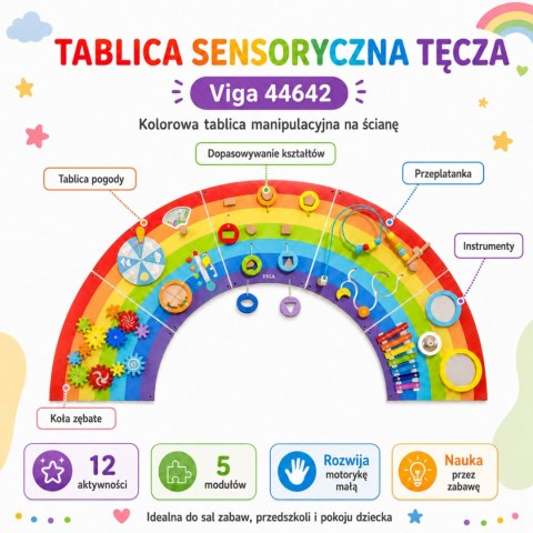 VIGA Drewniana Tablica Sensoryczno-Manipulacyjna EDU Tęcza Certyfikat FSC
