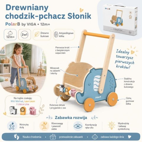 VIGA PolarB Drewniany Wózek 2w1 Chodzik Pchacz Słonik