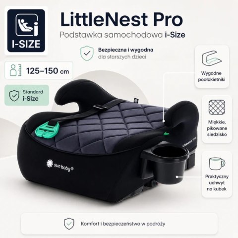 Fotelik podstawka booster siedzisko samochodowe SUNBABY - ISOFIX LittleNestPro 125-150 cm z uchwytem na kubek - czarny