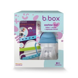 B.BOX 63006 Zestaw na start 3w1-bidon ze słomką 240ml borówkowy+smycz Ocean Breeze+zapasowe słomki