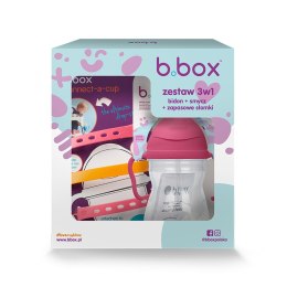 B.BOX 63012 Zestaw na start 3w1-bidon ze słomką 240ml malinowy+smycz Strawberry Shake+zapasowe słomki