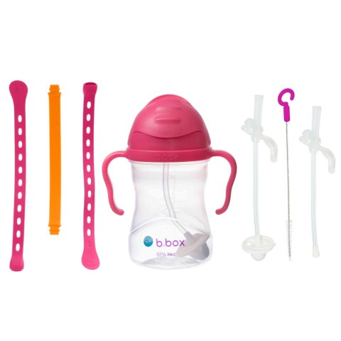 B.BOX 63012 Zestaw na start 3w1-bidon ze słomką 240ml malinowy+smycz Strawberry Shake+zapasowe słomki