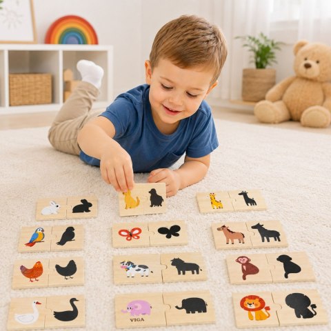 VIGA Zestaw Drewniane Puzzle Układanka Zwierzątka Dopasuj Cienie