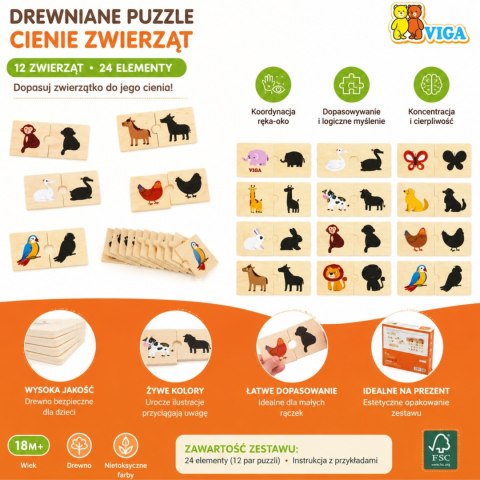 VIGA Zestaw Drewniane Puzzle Układanka Zwierzątka Dopasuj Cienie