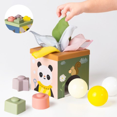 Taf Toys Pojemnik Zabawa i Odkrywanie - sensoryczna kostka edukacyjna 12m+ z chustkami, piłkami i klockami