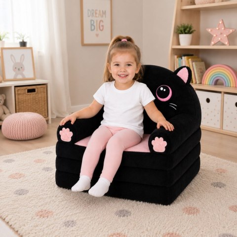 Rozkładany Fotel Sofa Leżanka Kotek 2W1 Dla Dzieci Miękki Pluszowy Czarny