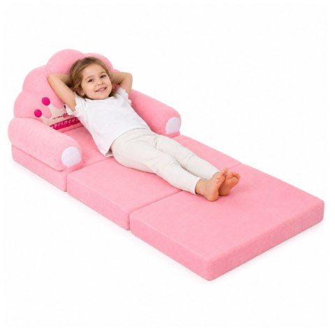Rozkładany Fotel Sofa Leżanka z Koroną 2W1 Dla Dzieci Miękki Różowy