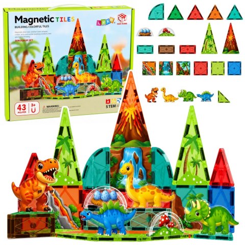 Klocki Magnetyczne Konstrukcyjne Dinozaury Wulkan Kolorowe 43 el.