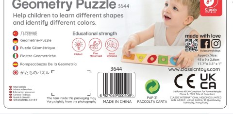 CLASSIC WORLD Drewniana Układanka Geometryczna MONTESSORI Sorter Kształtów Nauka Kolorów 6el.