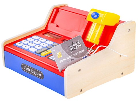 Edukacyjna Drewniana Sklepowa Kasa Fiskalna Kalkulator Czytnik Kodów Akcesoria