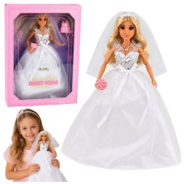 Lalka Anlily w Sukni Ślubnej Z Cekinami Panna Młoda Welon Bukiet Tort