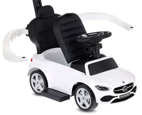 Jeździk pchacz chodzik dla dziecka Mercedes C-Class DELUXE z popychaczem z podnóżkiem i siedzeniem ze skóry PU biały