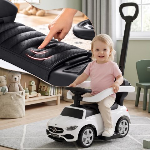 Jeździk pchacz chodzik dla dziecka Mercedes C-Class DELUXE z popychaczem z podnóżkiem i siedzeniem ze skóry PU biały
