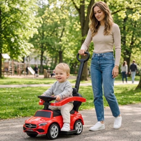 Jeździk pchacz chodzik dla dziecka Mercedes C-Class DELUXE z popychaczem z podnóżkiem i siedzeniem ze skóry PU czerwony