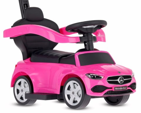 Jeździk pchacz chodzik dla dziecka Mercedes C-Class DELUXE z popychaczem z podnóżkiem i siedzeniem ze skóry PU różowy