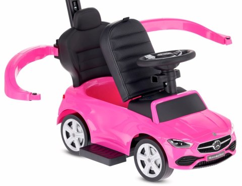 Jeździk pchacz chodzik dla dziecka Mercedes C-Class DELUXE z popychaczem z podnóżkiem i siedzeniem ze skóry PU różowy