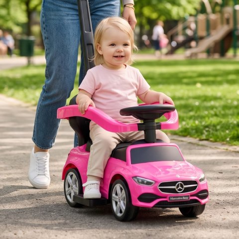 Jeździk pchacz chodzik dla dziecka Mercedes C-Class DELUXE z popychaczem z podnóżkiem i siedzeniem ze skóry PU różowy