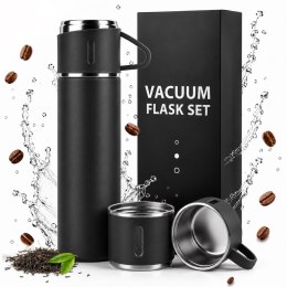 Termos 500 ml + 3 Kubki Zestaw Termiczny Stal Nierdzewna Turystyczny Prezent CZARNY