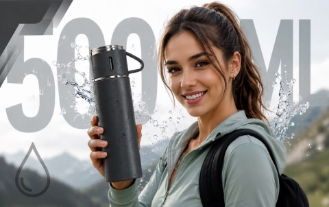 Termos 500 ml + 3 Kubki Zestaw Termiczny Stal Nierdzewna Turystyczny Prezent CZARNY