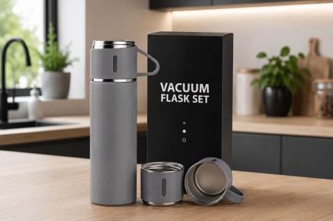 Termos 500 ml + 3 Kubki Zestaw Termiczny Stal Nierdzewna Turystyczny Prezent SZARY