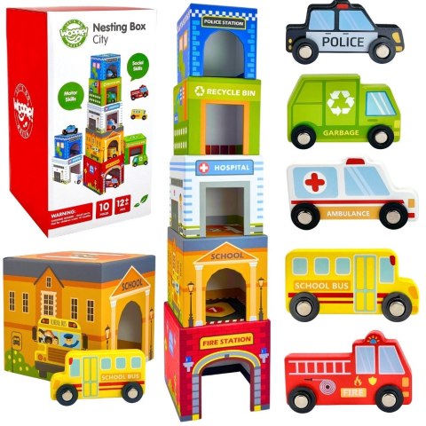 WOOPIE GREEN Układanka Sorter Kostki Miasto Pojazdy w Pudełkach + Figurki 10 el.