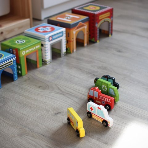 WOOPIE GREEN Układanka Sorter Kostki Miasto Pojazdy w Pudełkach + Figurki 10 el.