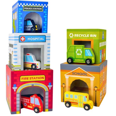 WOOPIE GREEN Układanka Sorter Kostki Miasto Pojazdy w Pudełkach + Figurki 10 el.