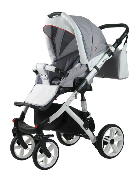 PRIMAVERA New 3w1 Szara Rama + Biała Eco Skóra + kolor lamówka Coneco z fotelikiem BE ONE 0-13 kg 4****ADAC B-One Nania
