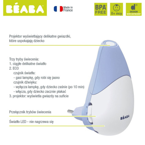 Lampka nocna LED z projektorem gwiazd i czujnikiem płaczu i ruchu Pixie Star Mineral, Beaba