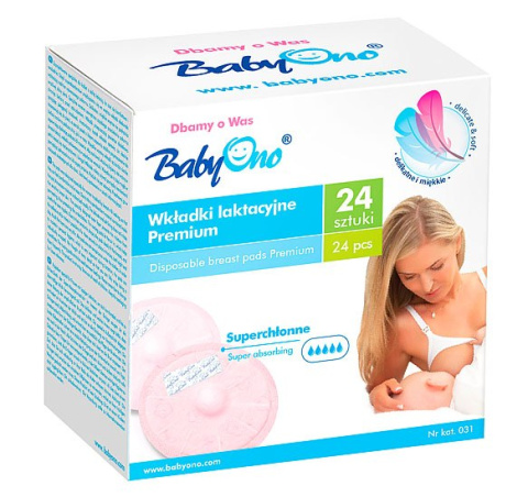 WKŁADKI LAKTACYJNE PREMIUM O ZWIĘKSZONEJ CHŁONNOŚCI 24szt Baby Ono kod.031