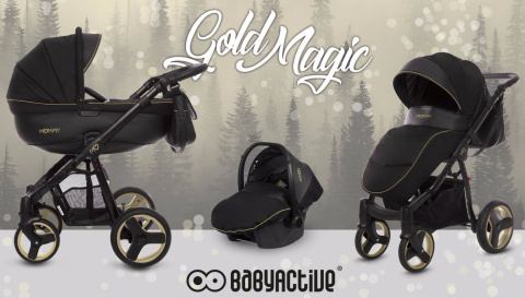 MOMMY Gold Magic 3w1 BabyActive wózek głęboko-spacerowy + fotelik samochodowy Kite 0-13kg - 15 Gold czarny stelaż