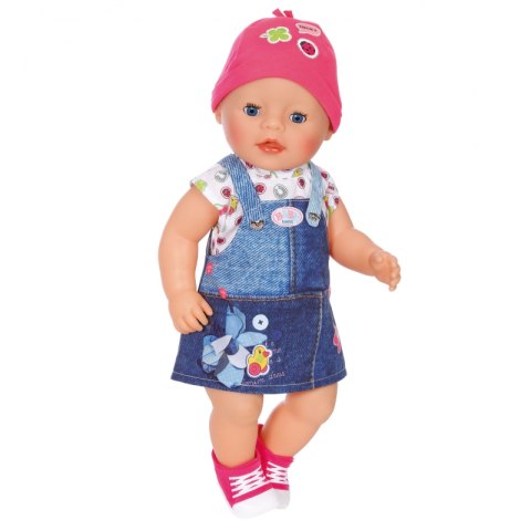 Jeansowa sukienka z czapką i bucikami dla lalki Baby Born 43 cm