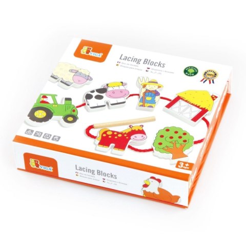 VIGA Drewniana Przeplatanka Klocki Farma do Nawlekania Montessori