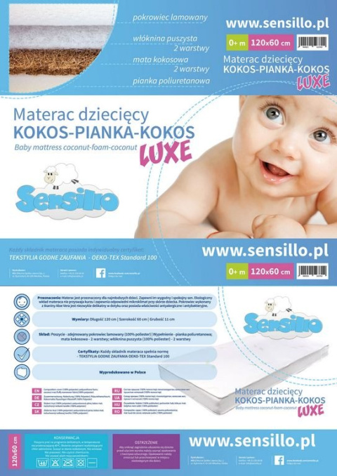 Sensillo Materac Kokos-Pianka-Kokos LUXE 120 60 cm ALOE VERA (11cm)