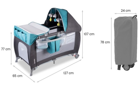 SIMON łóżeczko turystyczne Lionelo, LEN, drugi poziom, przewijak, uchwyty do wstawania - Stone