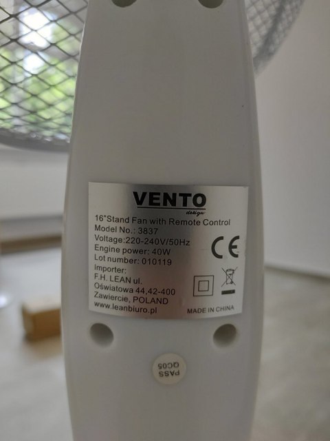 Wentylator Vento Podłogowy 40 cm 40W Biały z Pilotem