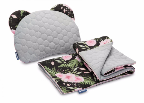 Sensillo Komplet do wózka Velvet - poduszka Miś + kocyk CZARNY KWIATY