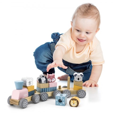 VIGA PolarB Drewniana Kolejka z Wagonikami i Zwierzątkami Do Układania Montessori