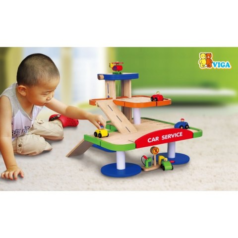 Duży Drewniany Dwupoziomowy garaż z akcesoriami Car Service Viga Toys