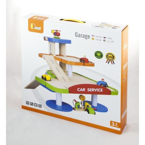 Duży Drewniany Dwupoziomowy garaż z akcesoriami Car Service Viga Toys