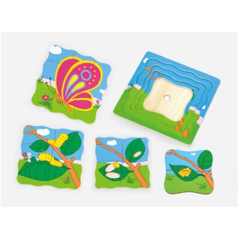 Puzzle drewniane Układanka Viga Toys Jak rośnie motylek 4 obrazki 21 Elementów