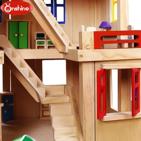 Drewniany domek dla lalek z meblami i lalkami ONSHINE