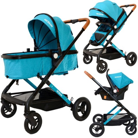 WÓZEK WIELOFUNKCYJNY DLA DZIECI 3W1 ALUMINIOWY NICEKIDS SELEDYNOWO CZARNY 7,5 KG