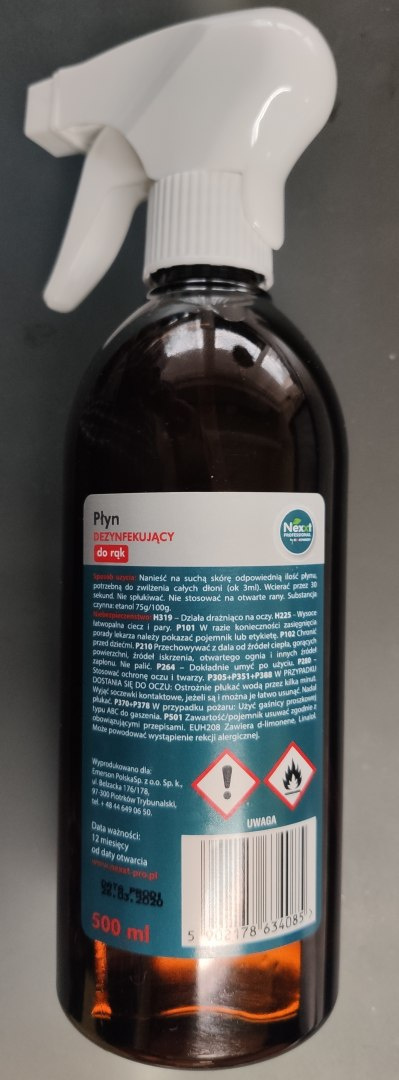 Medyczny płyn do dezynfekcji rąk 0,5l butelka 75 % alkoholu Nexxt