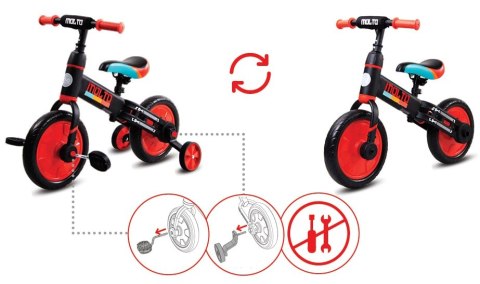 Rowerek biegowy Molto z opcją + pedały + kółka boczne czerwony