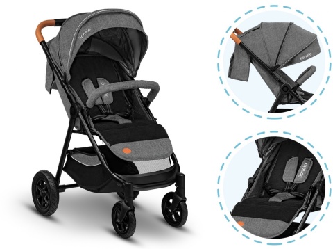 BELL Lionelo wózek spacerowy do 22kg, duże pompowane koła, torba, ocieplacz, moskitiera, uchwyt na kubek - Stone